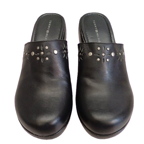 ✅Tommy Hilfiger Black Studded Leather Mules Womens Size 8.5M slip On Clogs Heels - Picture 4 of 15